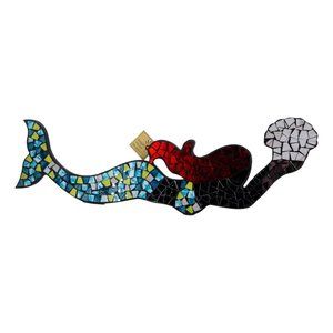 Mermaid Mosaic Glass and Wood Wall Hanging 20 in x 7in, Blues with Shell